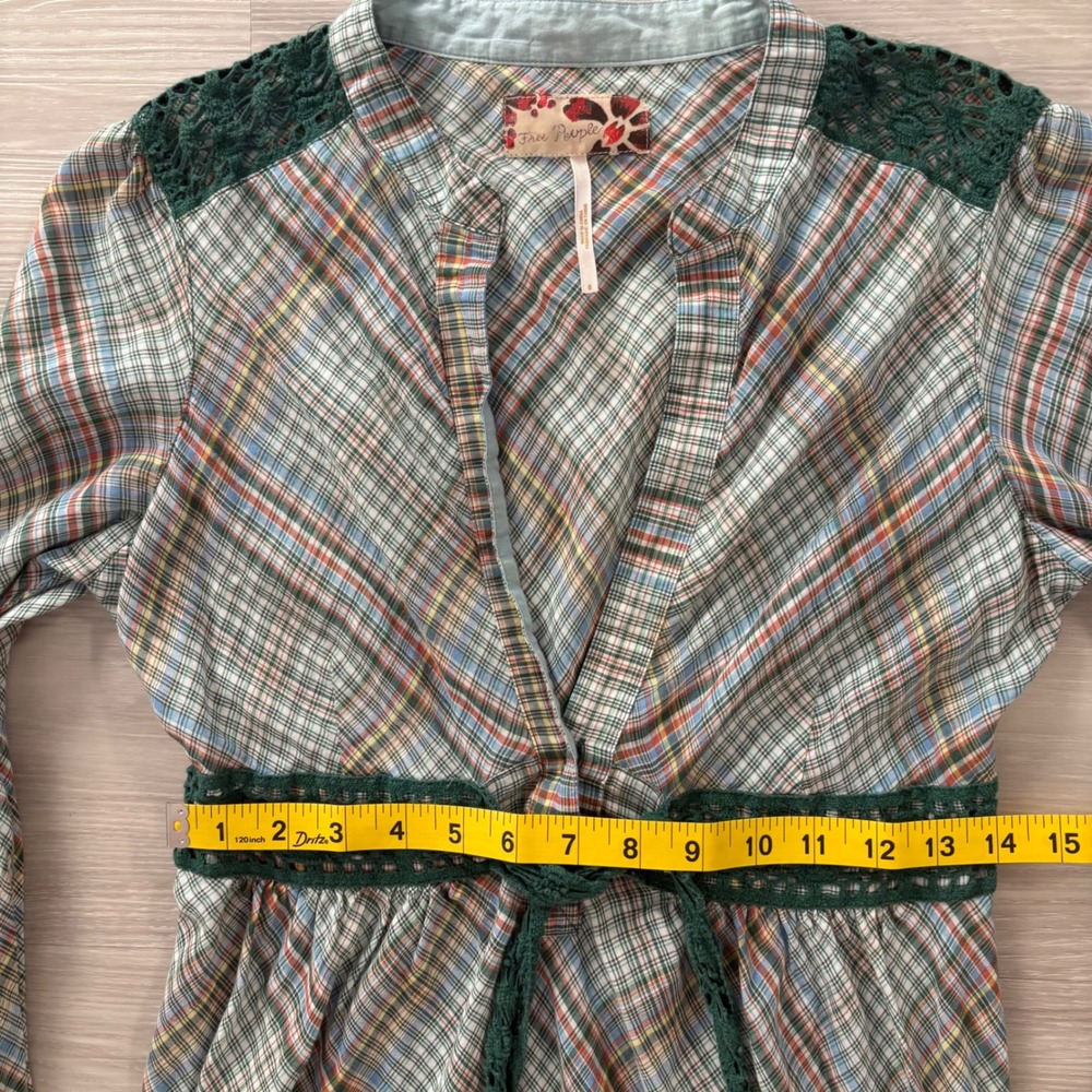 Free People Plaid Mini Dress Women Green Crochet Lace Empire Waist Long Sleeve 6 - Picture 7 of 14